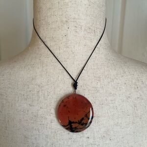 Natural Stone Deep Rose and Black Pendant Necklace on Thin Leather Cord